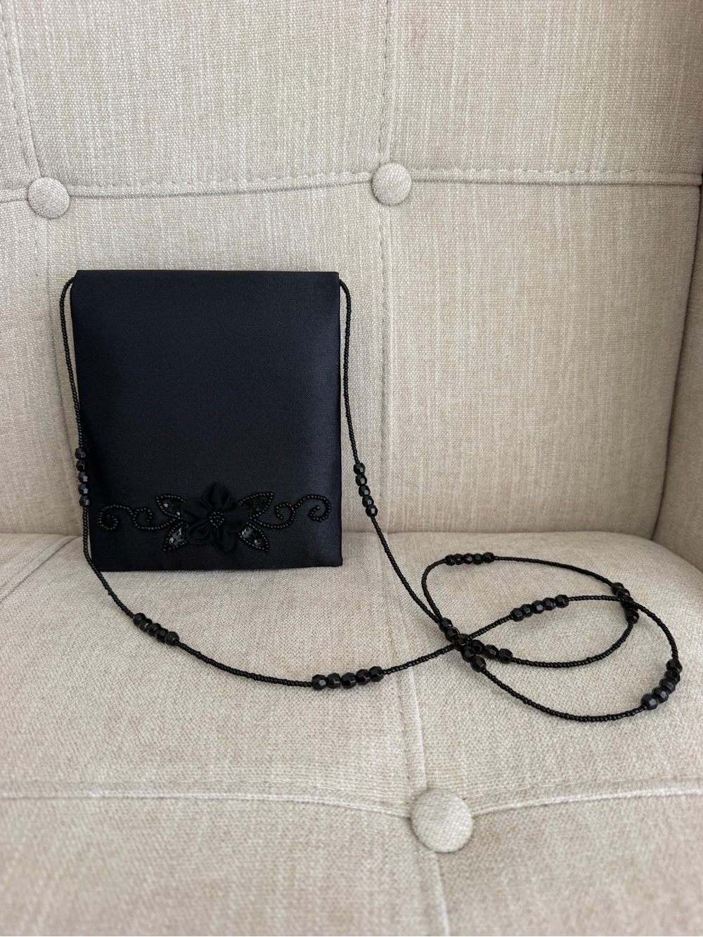 Jessica McClintock Black Satin Beaded Floral Evening Bag
